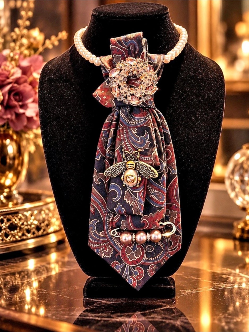 Paisley Scarf Necklace in Blue & Red Like New